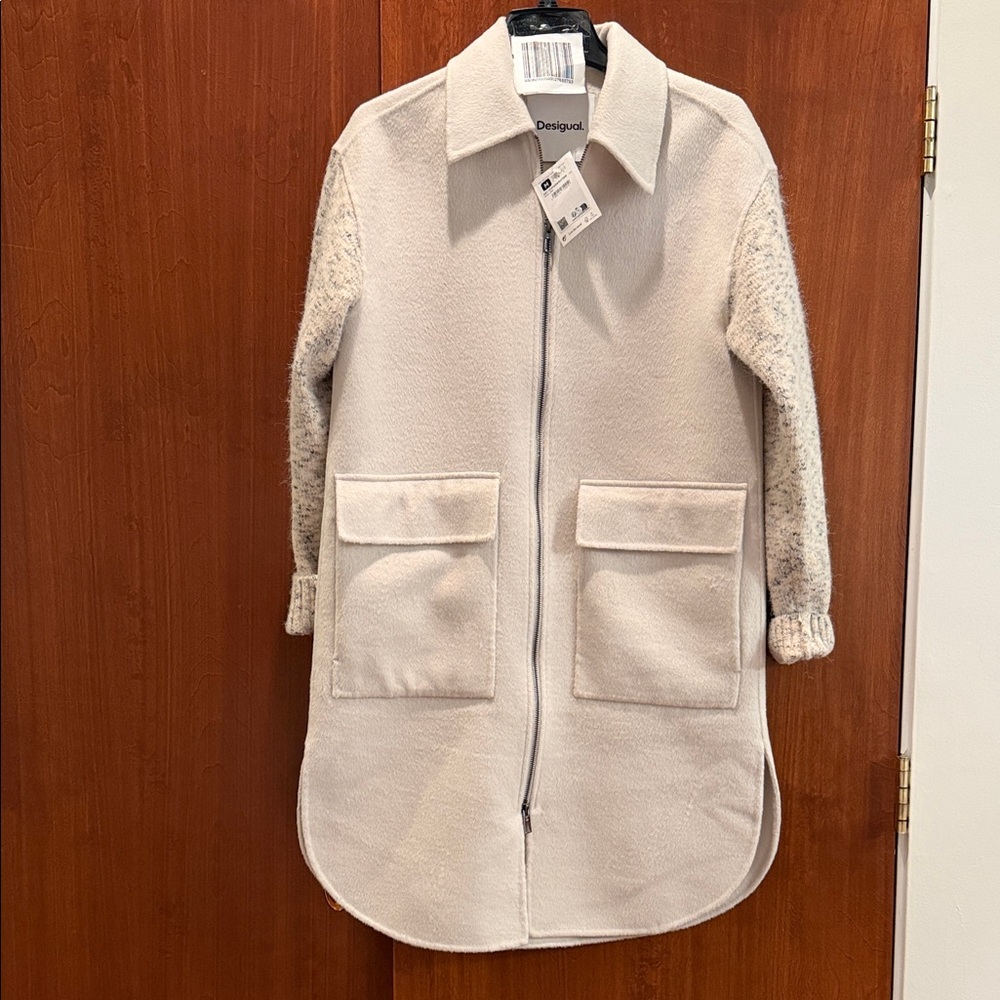 Desigual Women's Beige Trench Coat with Patterned Sleeves